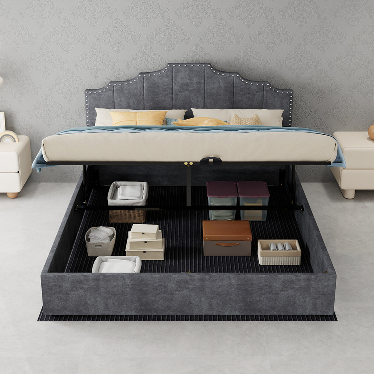 Modern Soft Bed with Mattress & Storage, 160x200cm, Gray