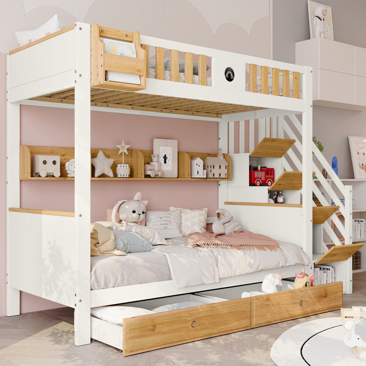 Bunk Bed 90x200cm Storage Stairs Drawers Pine/MDF White+Natural