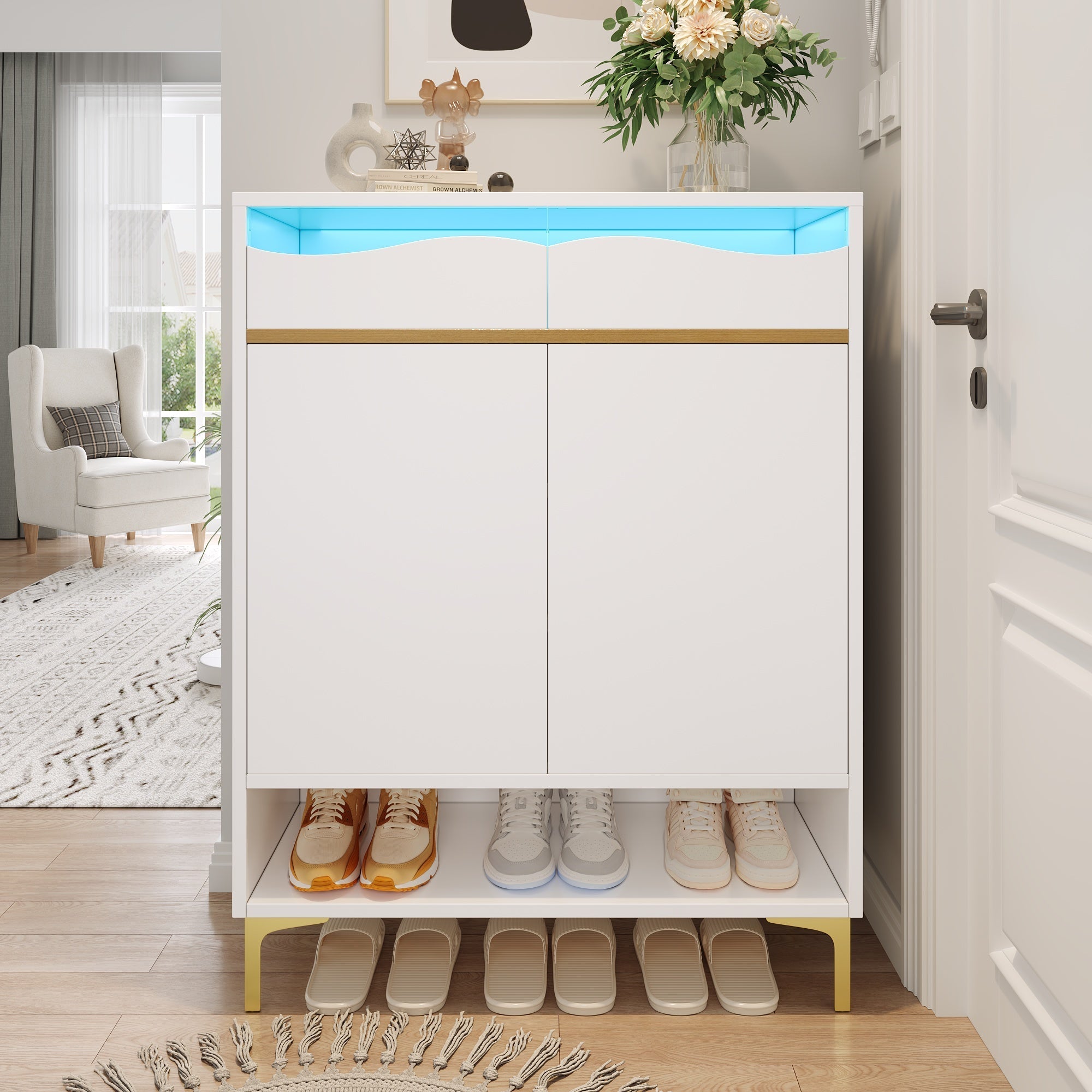 Shoe Cabinet, LED 16 Colors, Drawers & Shelves, Modern White