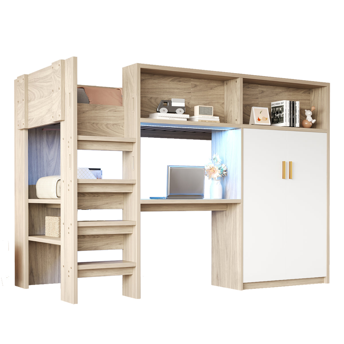 Multifunctional Loft Bed 90x200 with Desk, Wardrobe & Storage, Wood