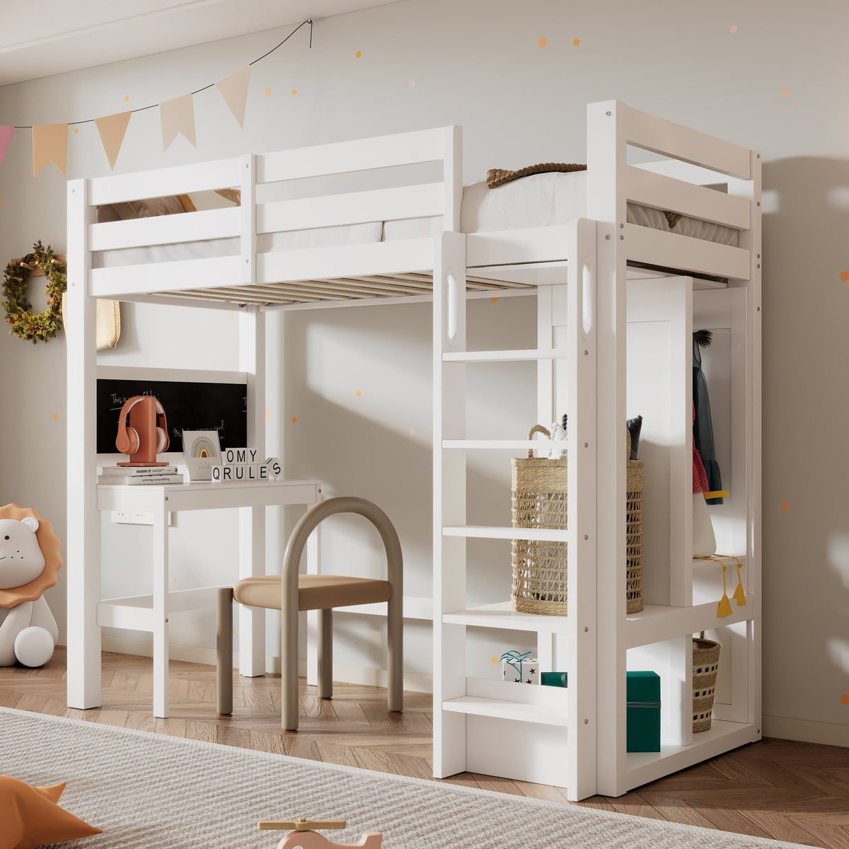 Children's Bunk Bed with Desk, Wardrobe and Shelves, 90x200cm, White