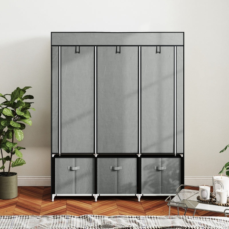 Wardrobe Folding Fabric with Clothes Rail Drawers Zipper, Light Grey