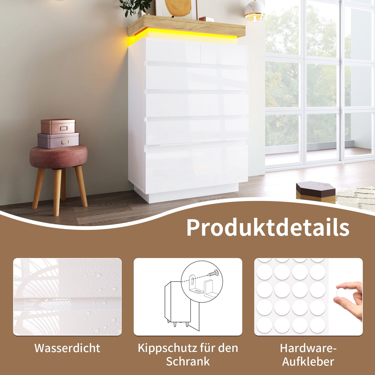 Chest of Drawers, 6-Drawer LED High-Gloss Sideboard, White