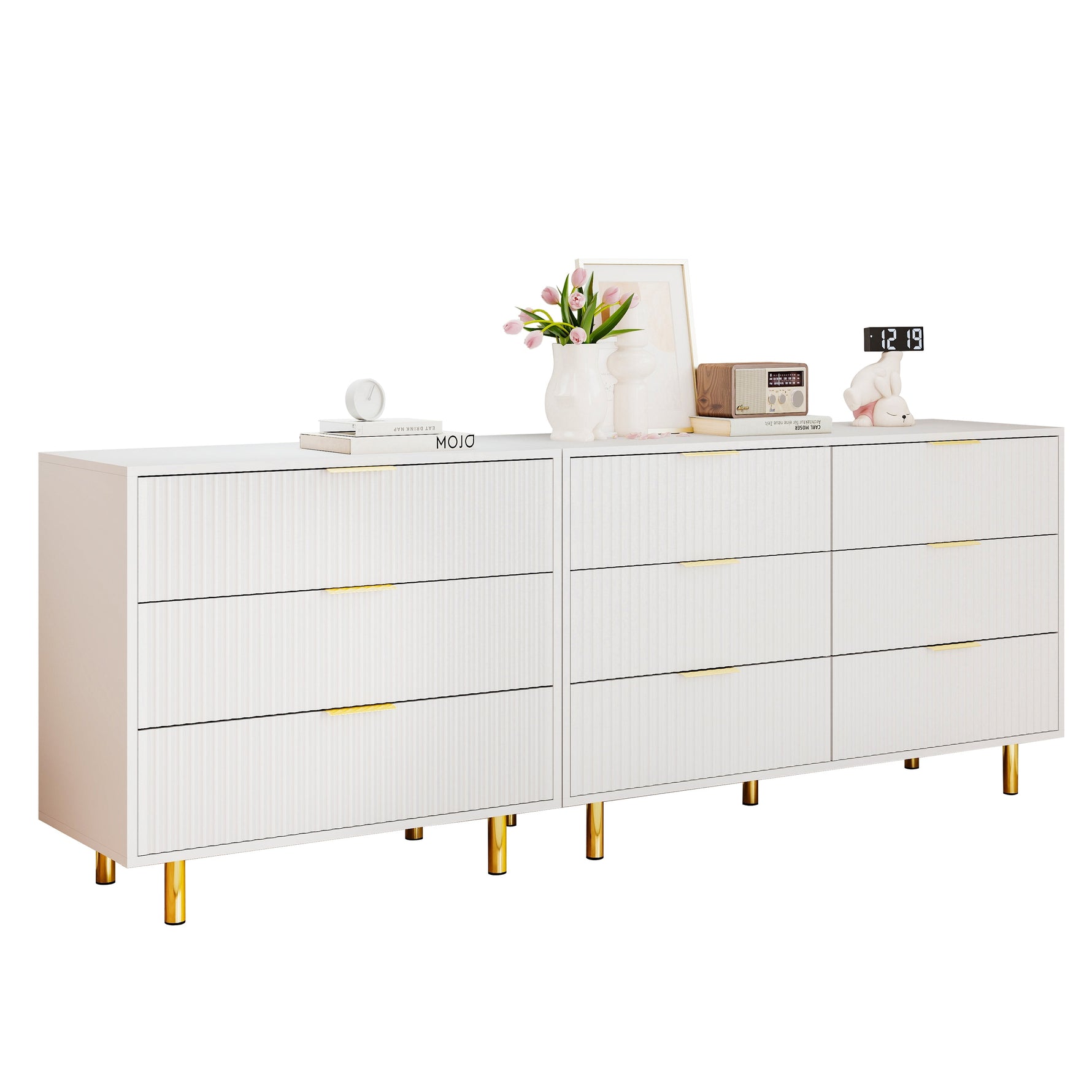 Modular Drawer Unit with 9 Drawers and Modern Sideboard Set, White and Gold