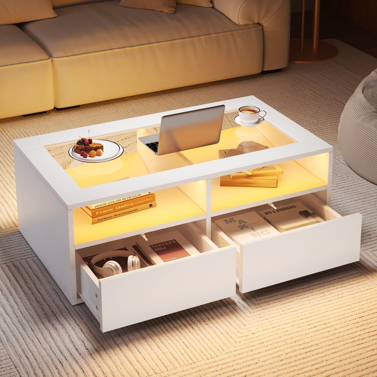 Coffee Table with LED Light and 2 Drawers, Glass and White