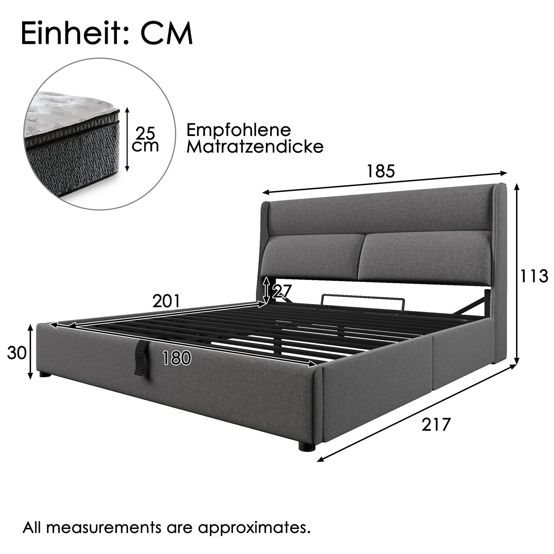 Upholstered Double Bed 180x200cm Hydraulic Storage Adjustable Headrest Linen Grey