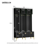 Wardrobe Set with Bench, Multifunctional Storage, Open Storage, 6 Golden Hooks, Black