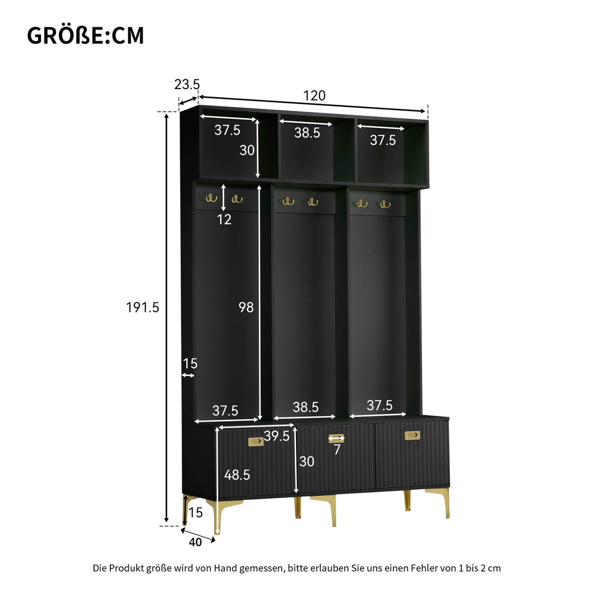 Wardrobe Set with Bench, Multifunctional Storage, Open Storage, 6 Golden Hooks, Black