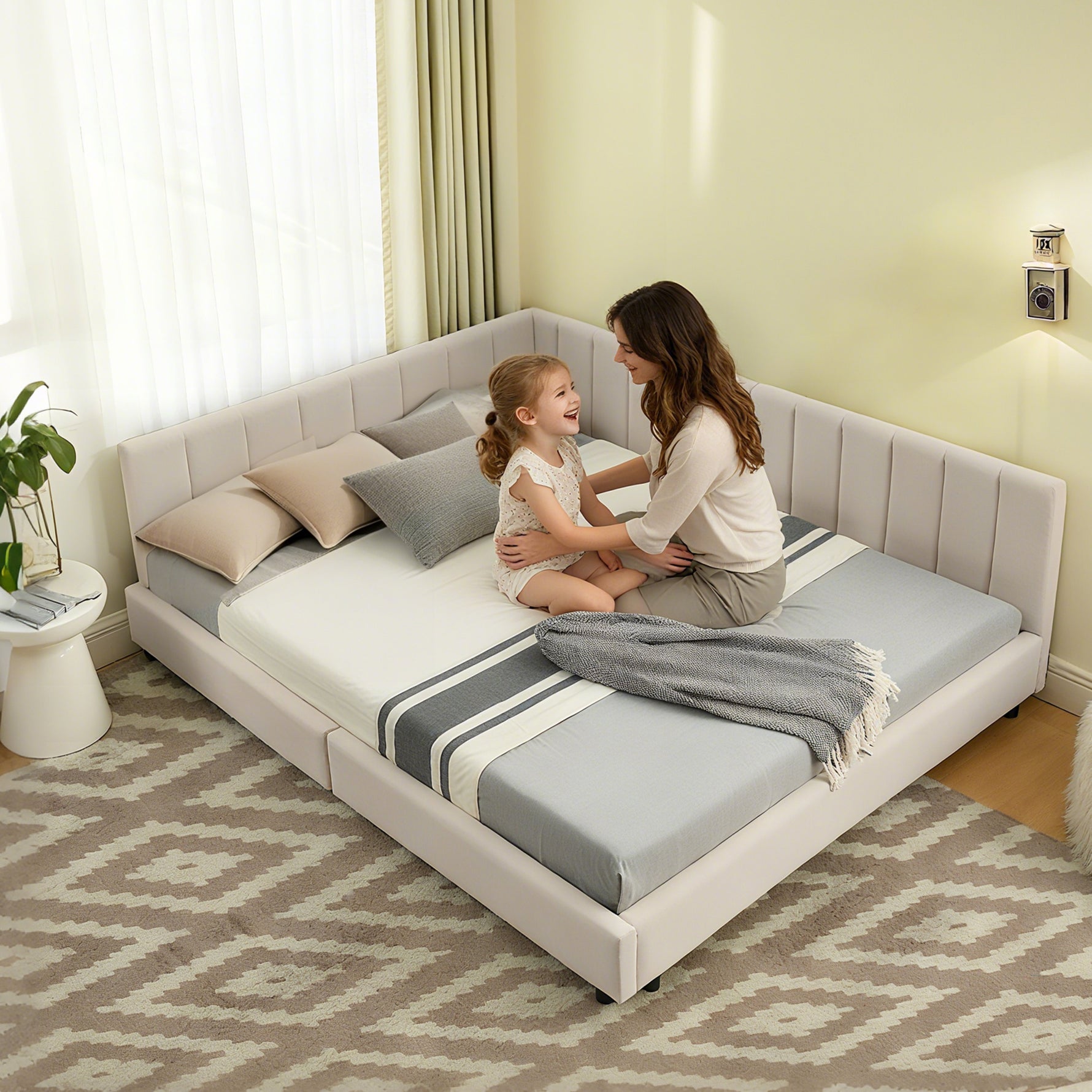 Double Bed 140x200cm High Backrest, Velvet Beige