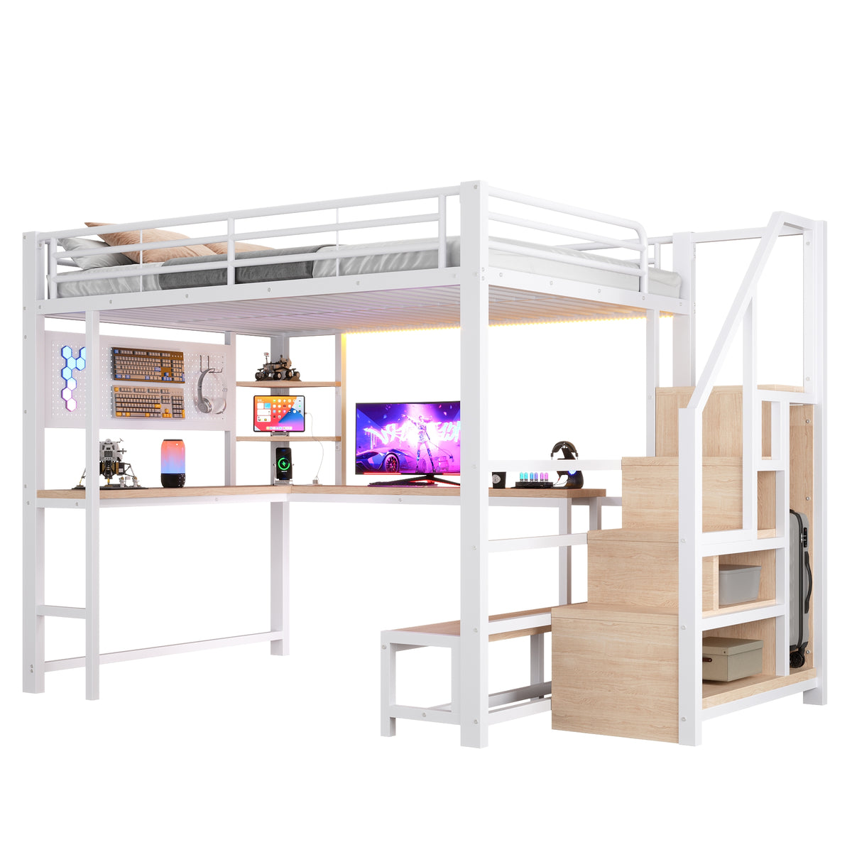 Loft Bed 140x200cm with Desk, Shelves & LED Lighting, White