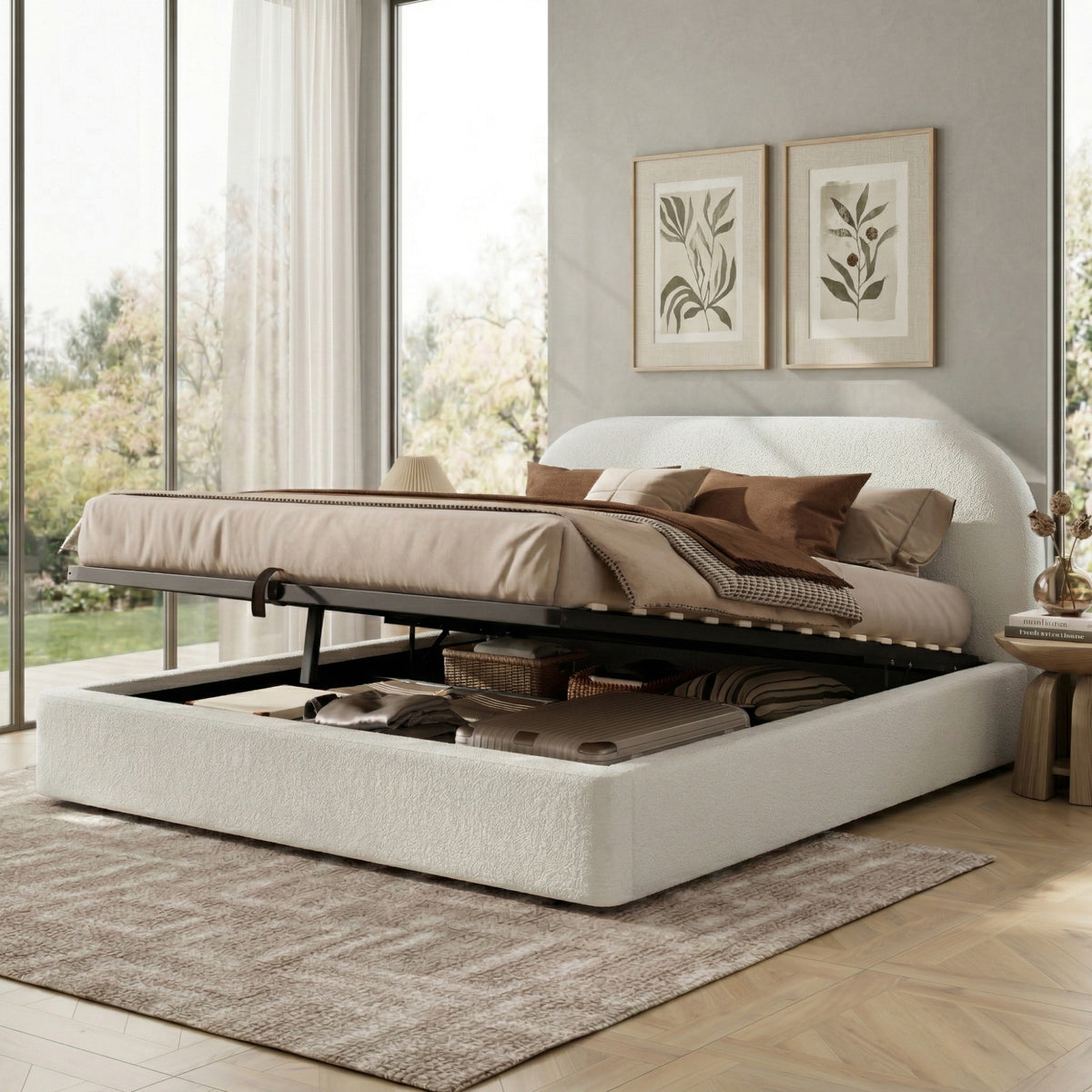 Upholstered Double Bed 160x200cm with Storage, Beige Bouclé