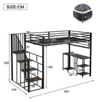 Loft Bed with Desk, Storage Stairs, Handrails, 120x200cm, Iron + Chipboard Black