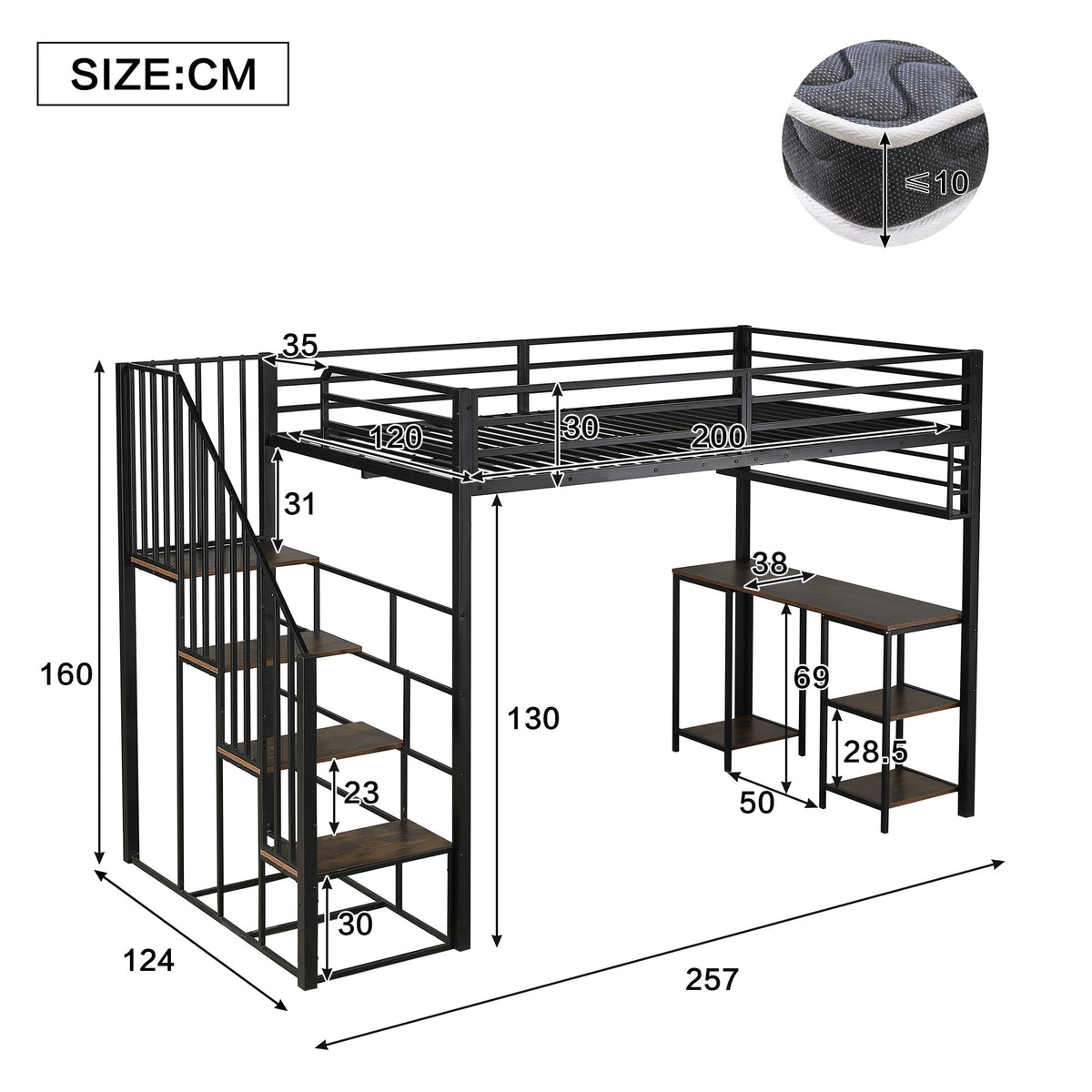 Loft Bed with Desk, Storage Stairs, Handrails, 120x200cm, Iron + Chipboard Black