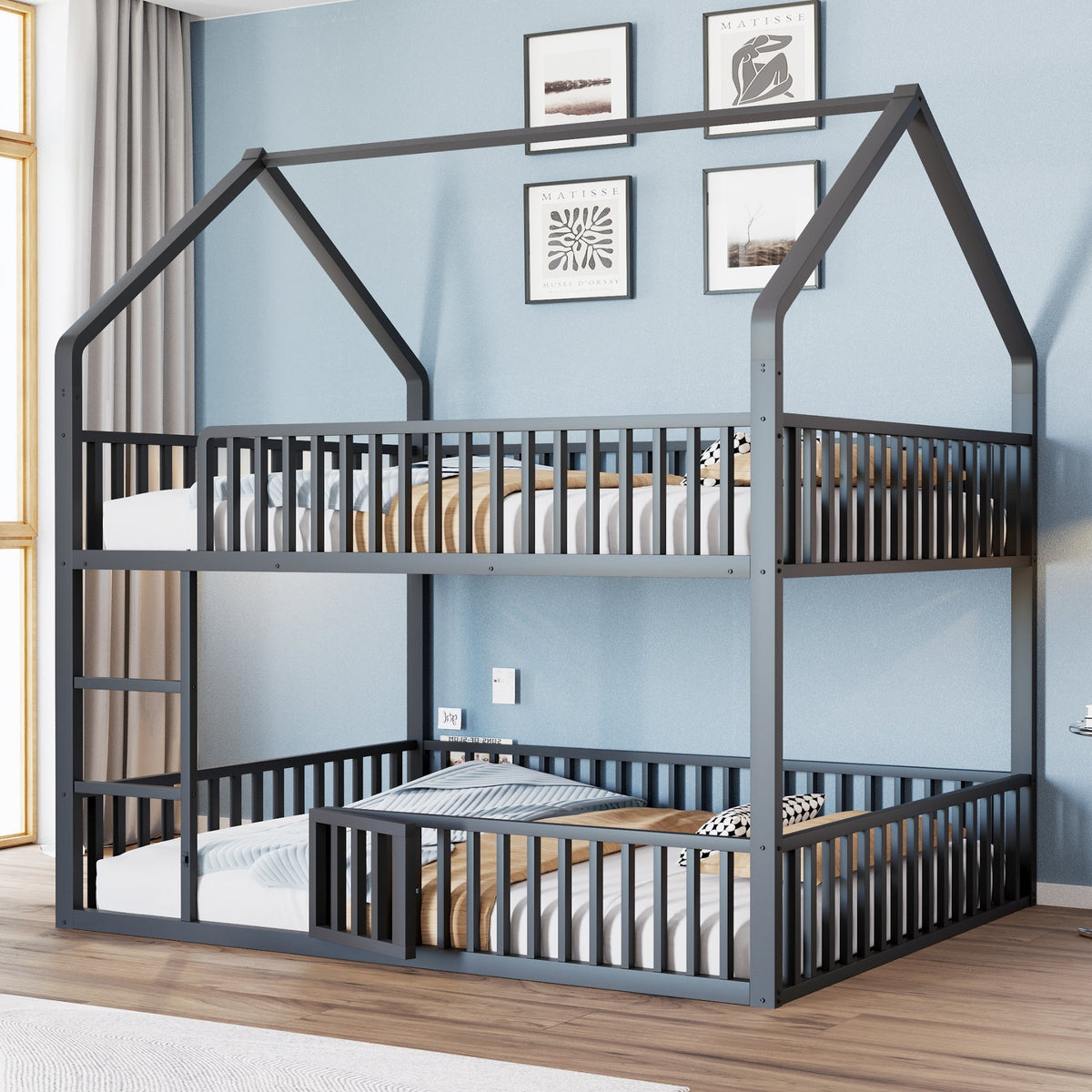 Bunk Bed, Loft Design with Stairs & Door, Black Metal