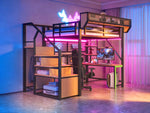 Metal Loft Bed with Desk, Shelf, Storage Net, LED and Socket, 140x200cm, Black Metal