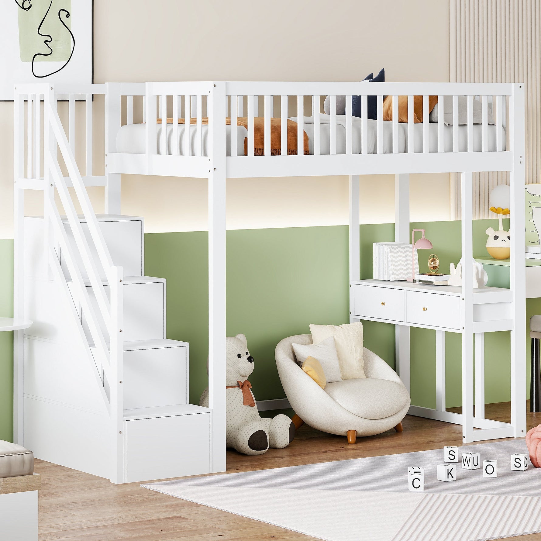 Loft Bed with Multifunctional Table and Storage Stairs, 90x200cm, White Pine Wood