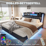 Upholstered Bed, 160*200 LED, USB, Storage Headboard, Grey Linen