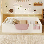 Upholstered Bed 140x190cm with Safety Rails & Storage, Beige Velvet