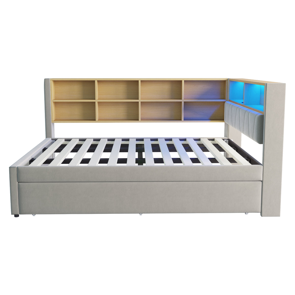 Sofa Bed 140x200cm with Trundle, LED & Storage, Light Grey Flannel