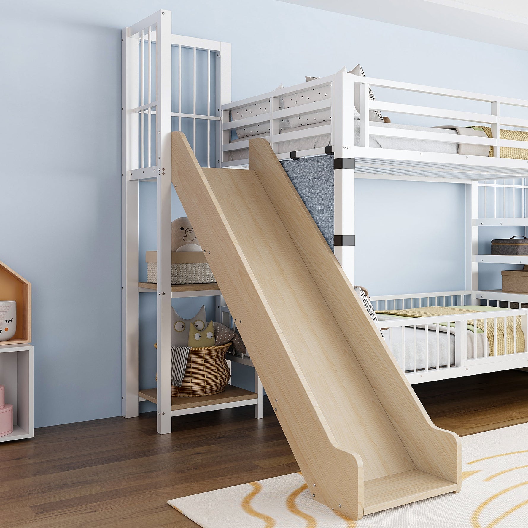 Children's Metal Loft Bed with Slide, Storage Stairs and Integrated Shelves, 90x200cm, White