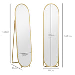 Full-Length Mirror, Oval Standing Wall with Stand, Metal Gold
