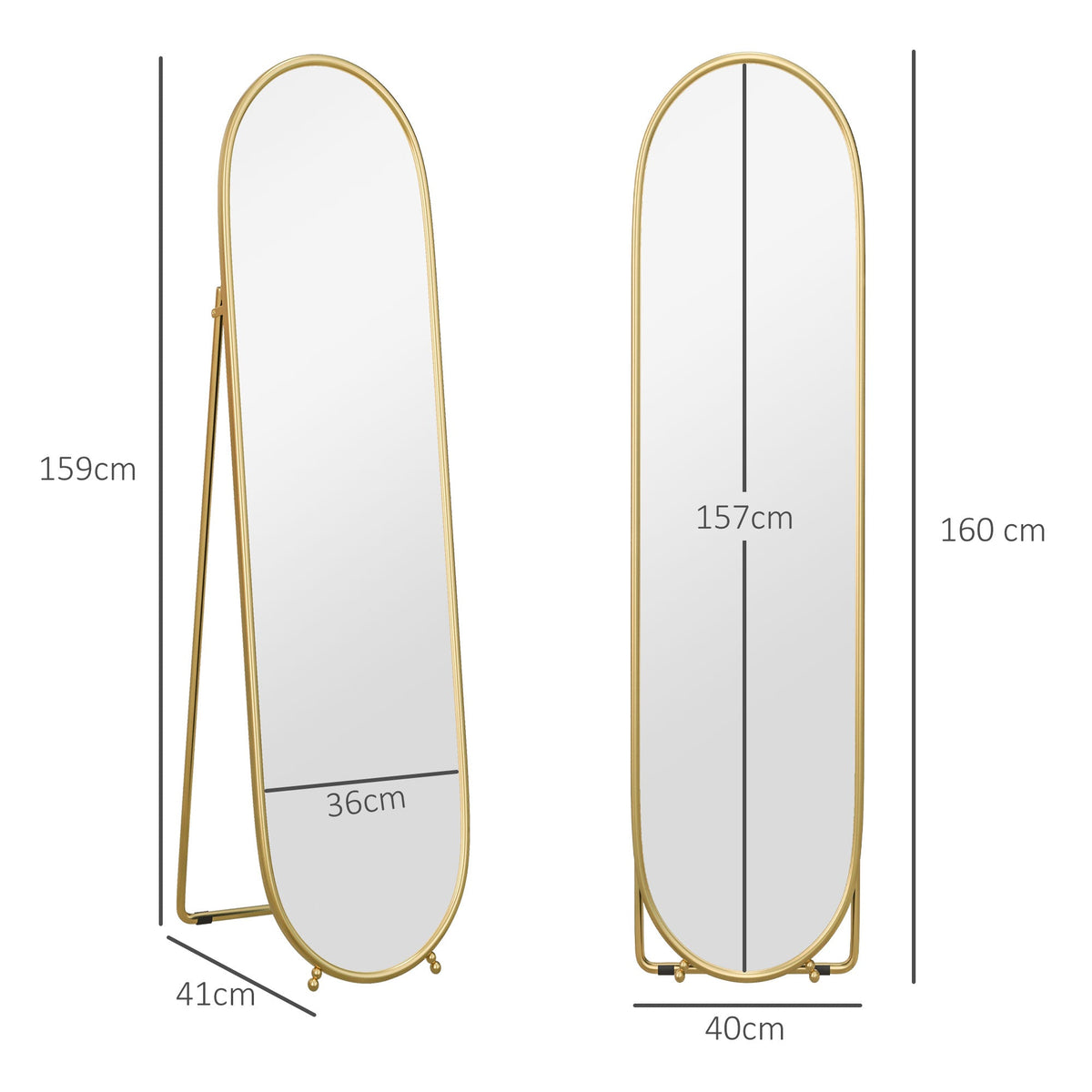 Full-Length Mirror, Oval Standing Wall with Stand, Metal Gold