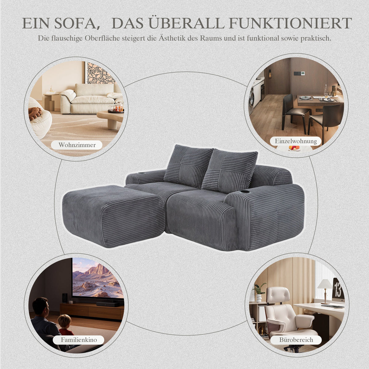 Modular 2-Seater Sofa with Ottomans, Cup Holder and Side Pocket, Dark Grey Corduroy