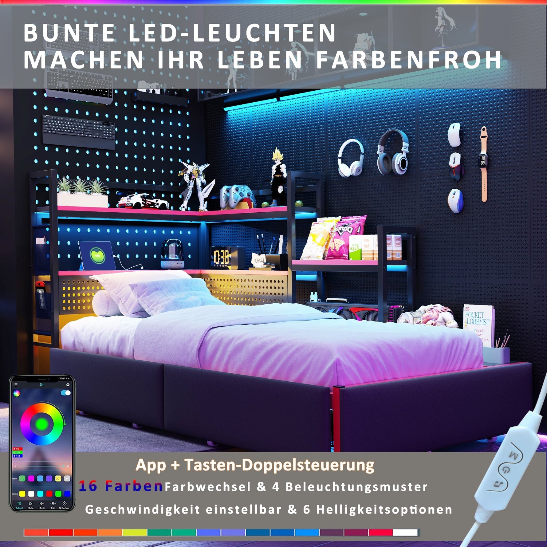 Gaming-Style Metal Bed Frame with 3 Drawers, LED Lighting, USB Ports, Pegboard and Side Shelves, Black Metal