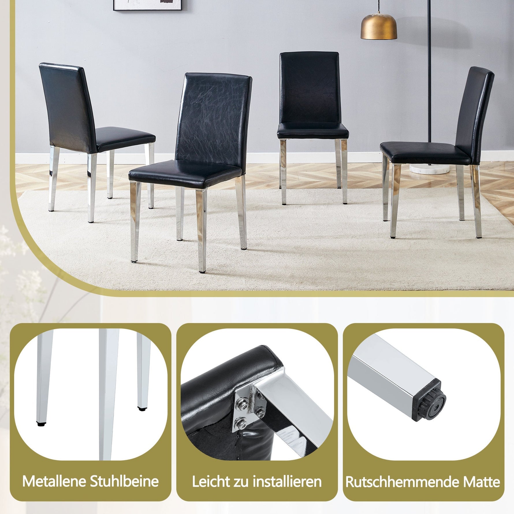 Minimalist Dining Chairs Set of 4, Modern Ergonomic Design with Metal Legs, Black PU Leather and Silver