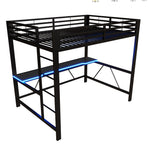 Gaming Loft Bed Frame with 140x200 Desk, LED and USB, Black Metal