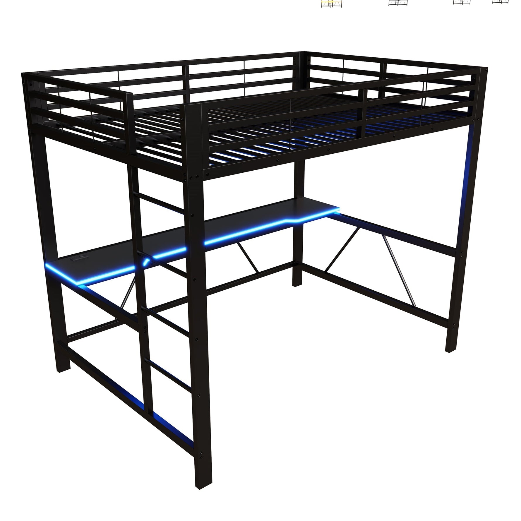 Gaming Loft Bed Frame with 140x200 Desk, LED and USB, Black Metal