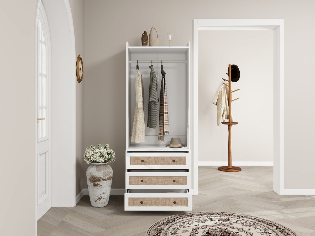 Wardrobe, Three Drawers, Boho-Style, 180cm Height, White