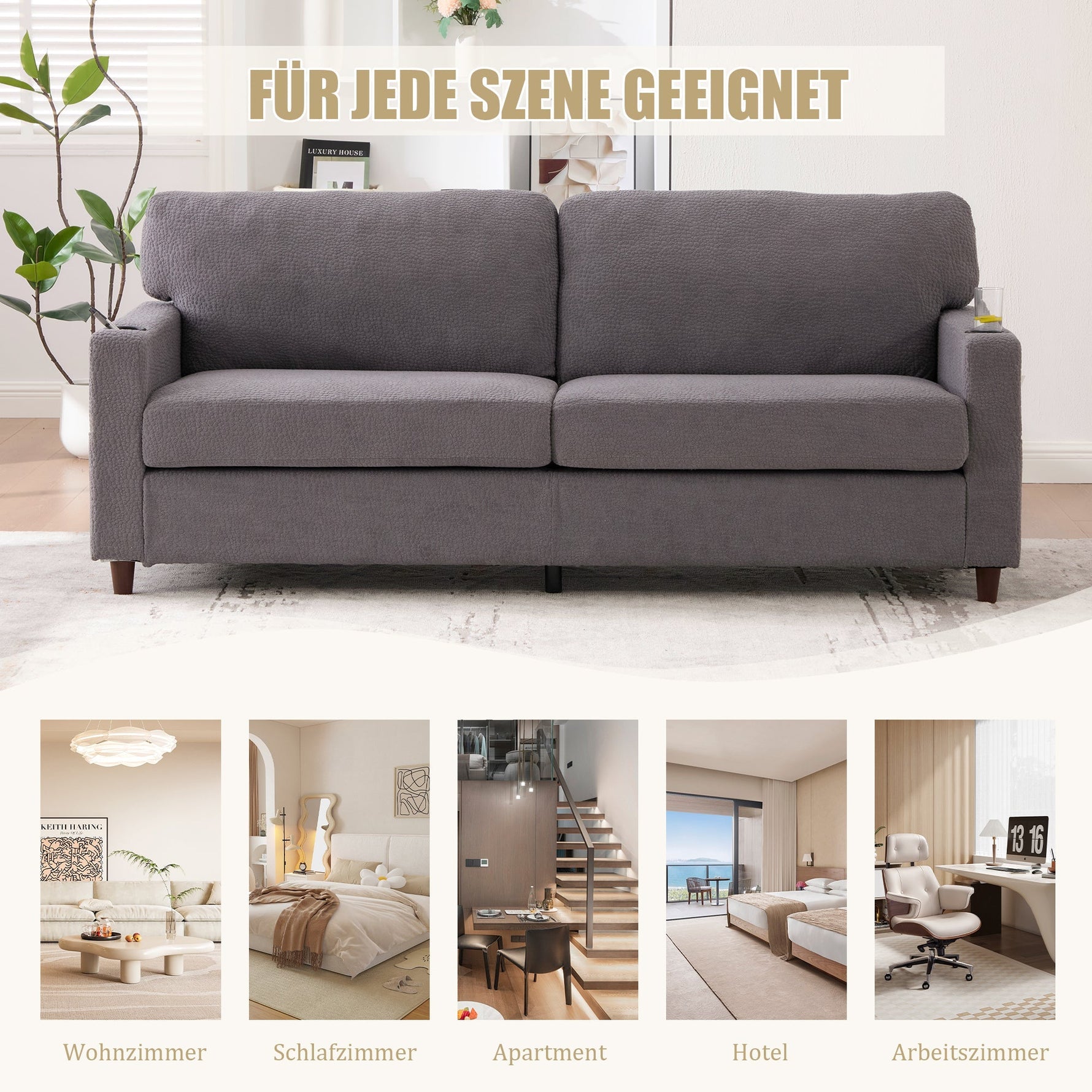 2-Seater Sofa USB-C LED Cup Holders & Pockets - Light Gray Chenille