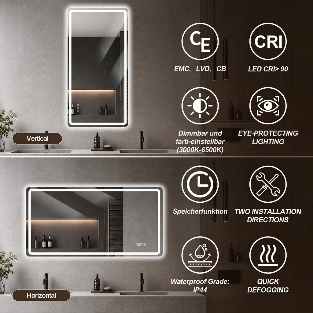 Frameless LED Bathroom Mirror 60x120cm - Anti-Fog Dimmable Glass