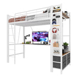 Loft Bed 90x200cm with Desk, Shelves & Drawers, White Iron Frame