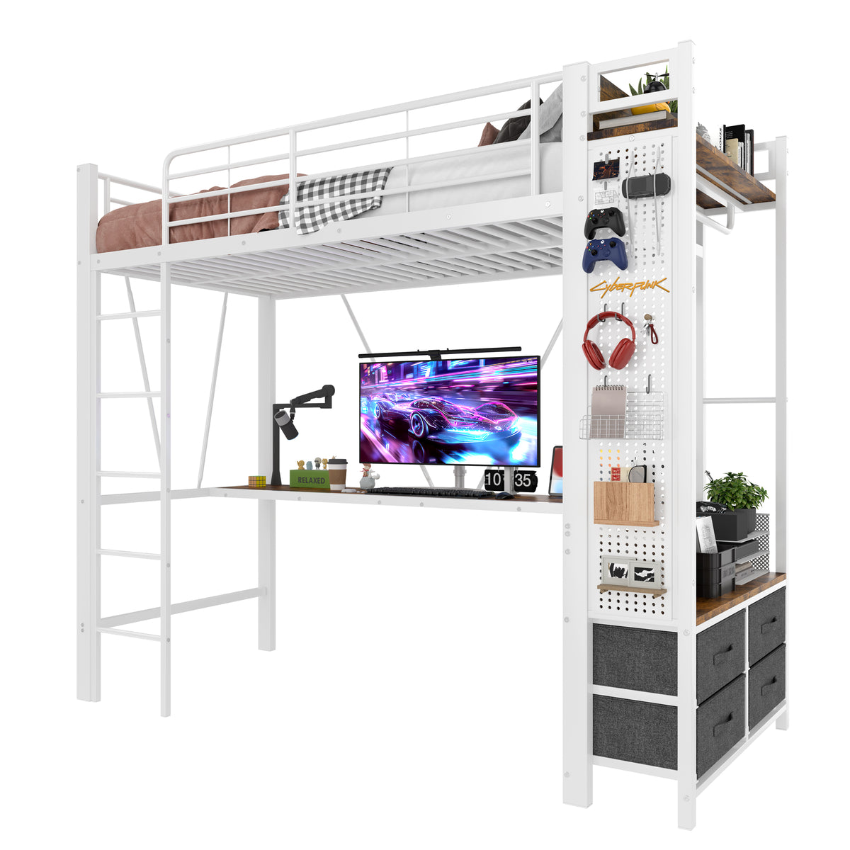 Loft Bed 90x200cm with Desk, Shelves & Drawers, White Iron Frame