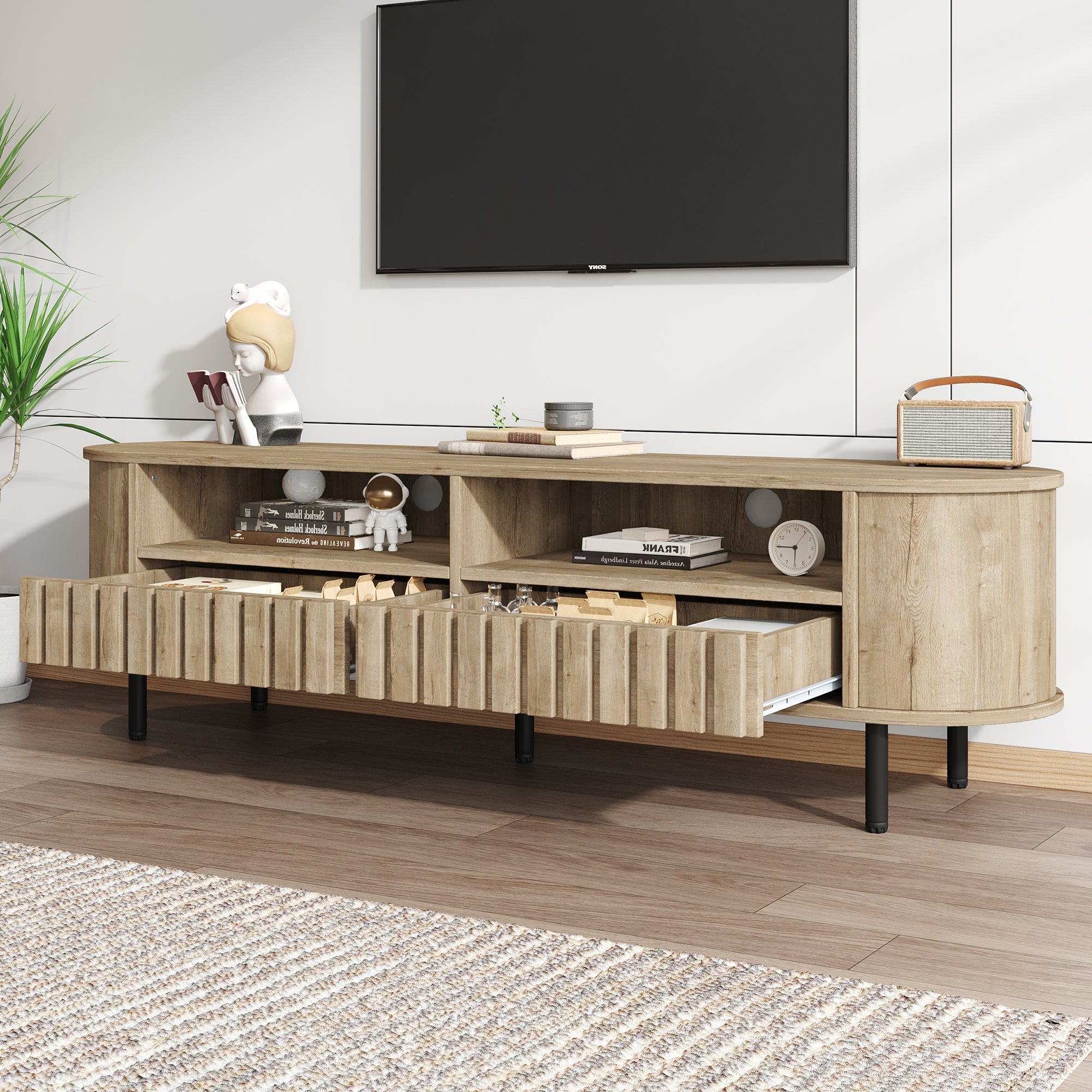 TV Cabinet Lowboard 160cm 2 Doors 2 Drawers for 65 Inch - Natural Wood