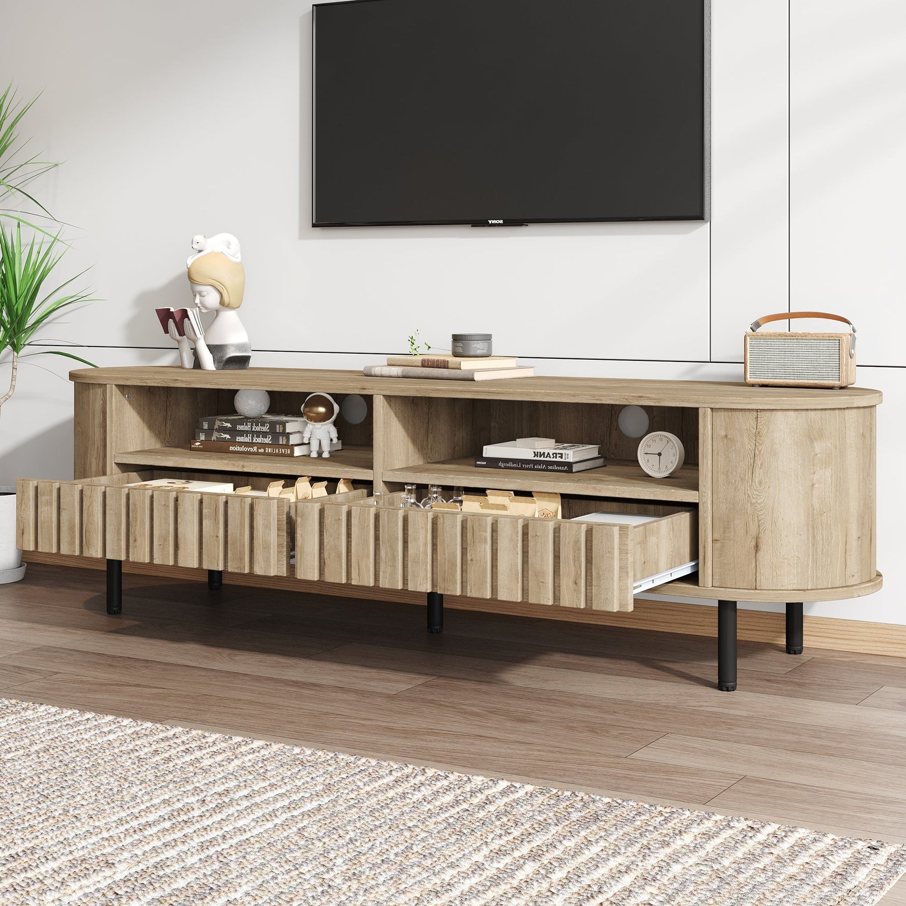 TV Cabinet Lowboard 160cm 2 Doors 2 Drawers for 65 Inch - Natural Wood