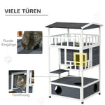 Cat House, 4-Story Balcony Stairs, Solid Wood, Gray