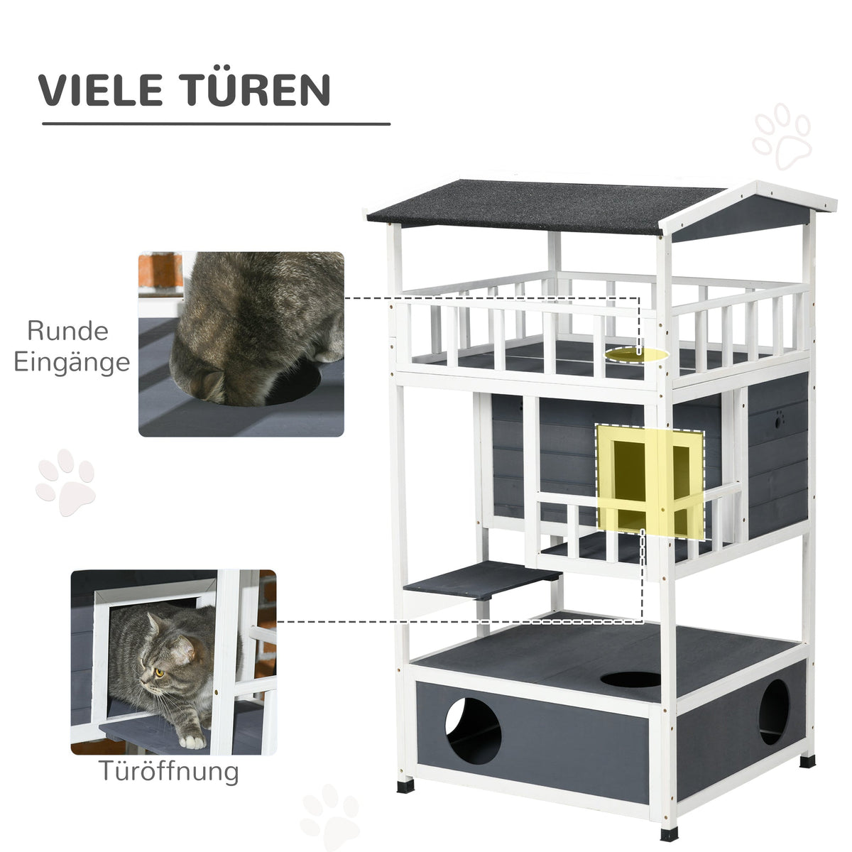 Cat House, 4-Story Balcony Stairs, Solid Wood, Gray