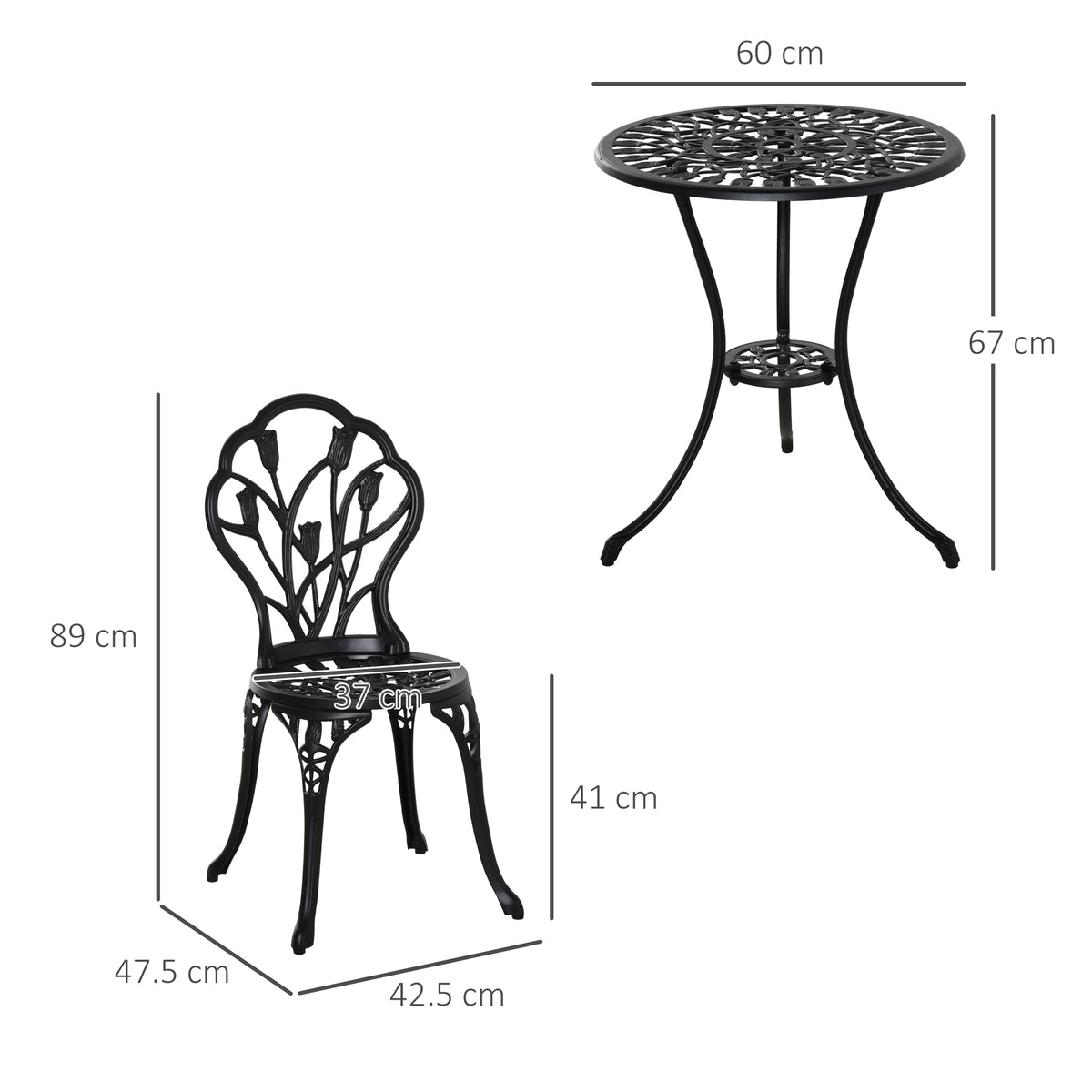 2-Person Outdoor Seating Set with Table & Chairs, Black Aluminum