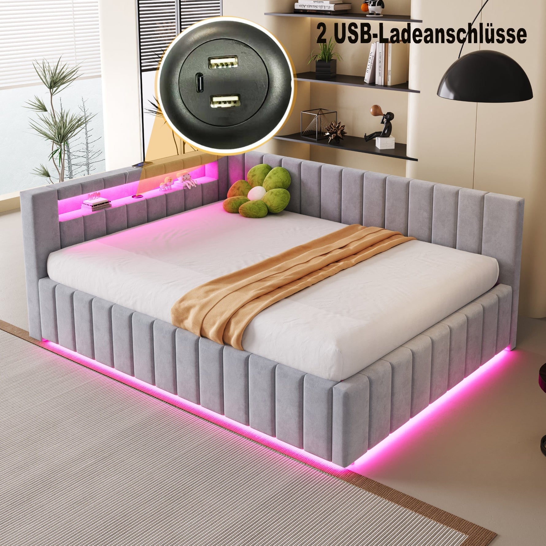 Upholstered Bed/Sofa Bed 140x200 Hydraulic Storage LED/USB Light Grey Velvet Fabric