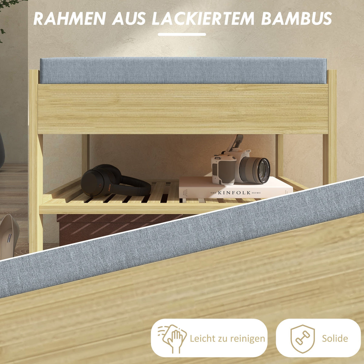 Shoe Bench, 2-Tier with Drawer, Bamboo Natural