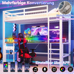 Loft Bed with Desk and LED Lights, USB Ports and Pegboard, White Iron Frame