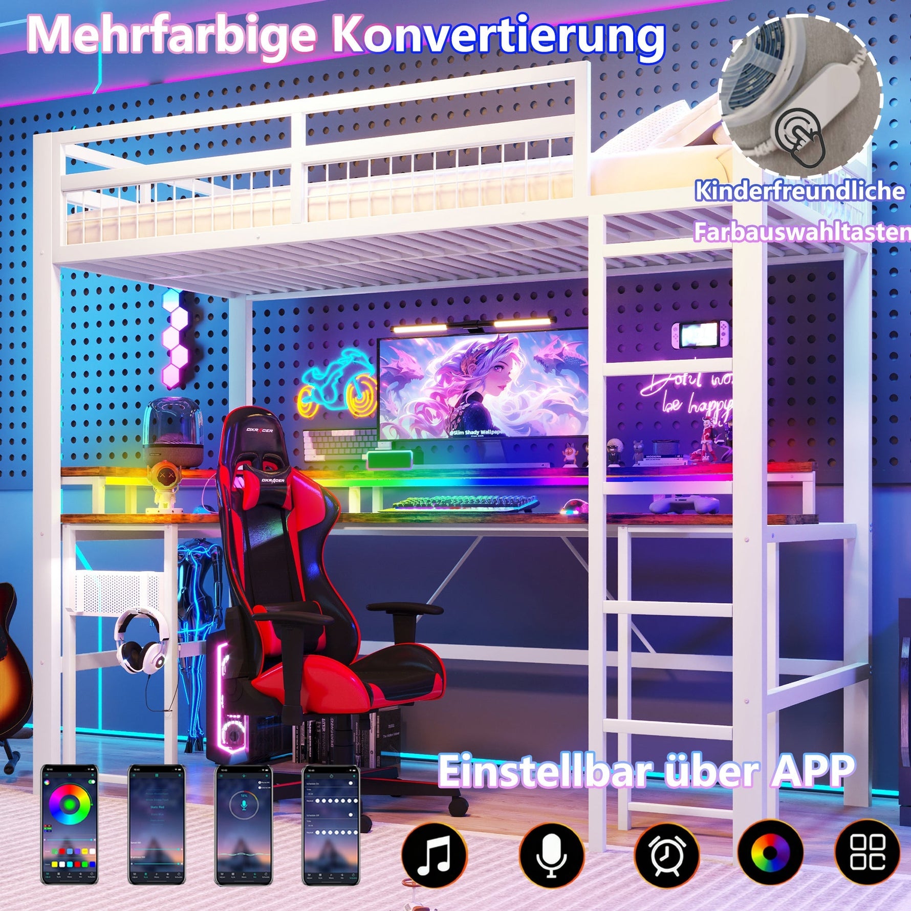 Loft Bed with Desk and LED Lights, USB Ports and Pegboard, White Iron Frame