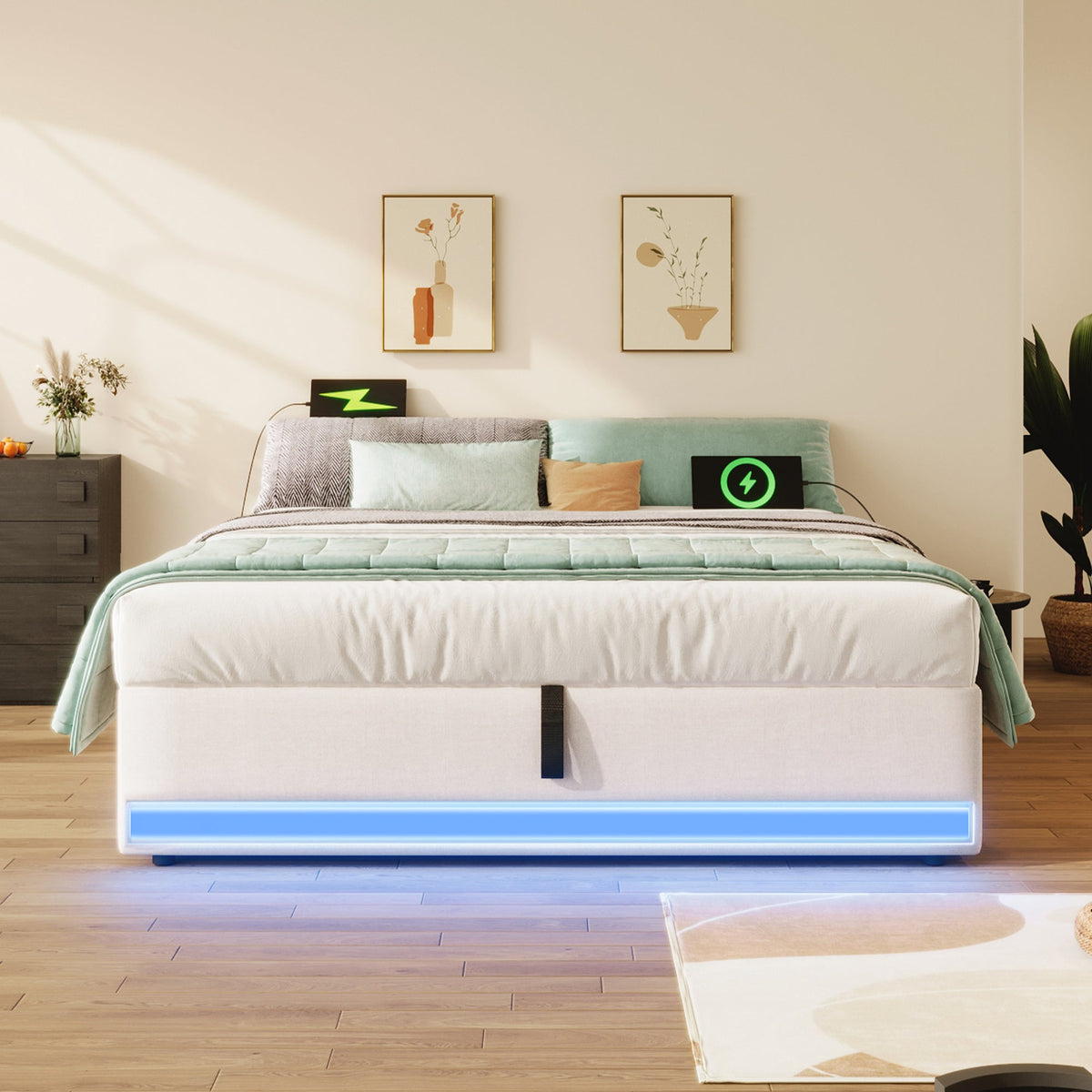 Upholstered Bed 140x200cm Hydraulic Storage LED USB/Type-C Pockets - Beige