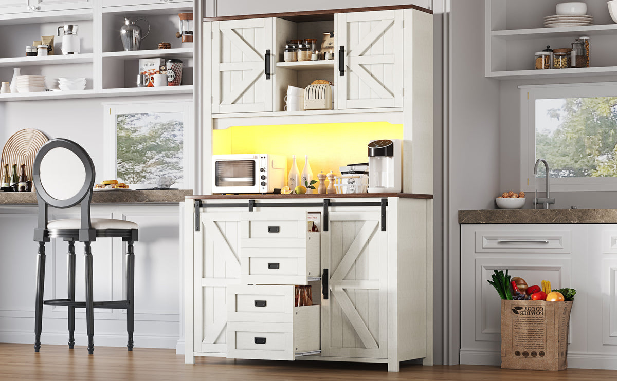Tall Kitchen Sideboards with Sliding Doors and LED Lighting, Black and White