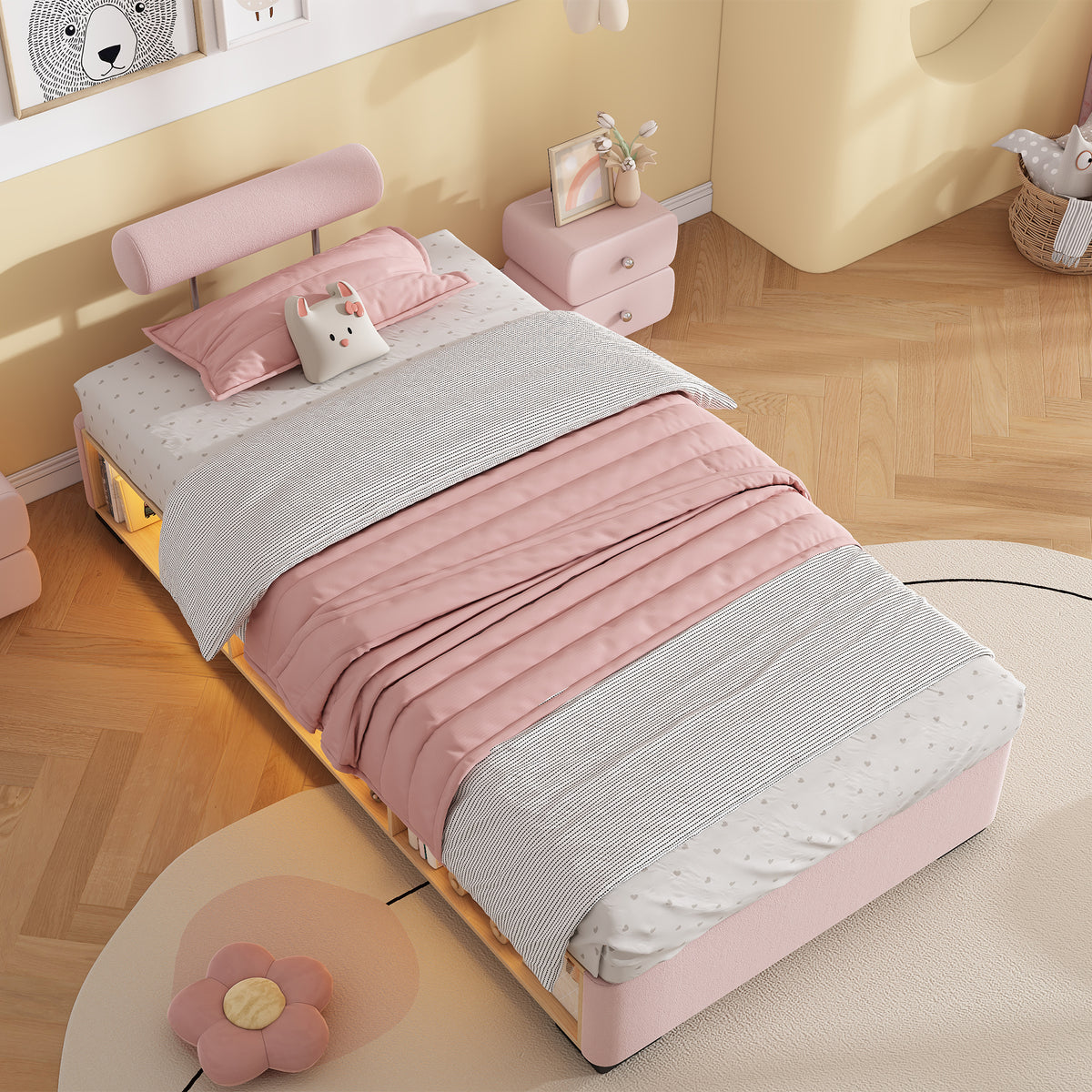 Children's Upholstered Bed with LED Shelf, 90x200 cm, Pink