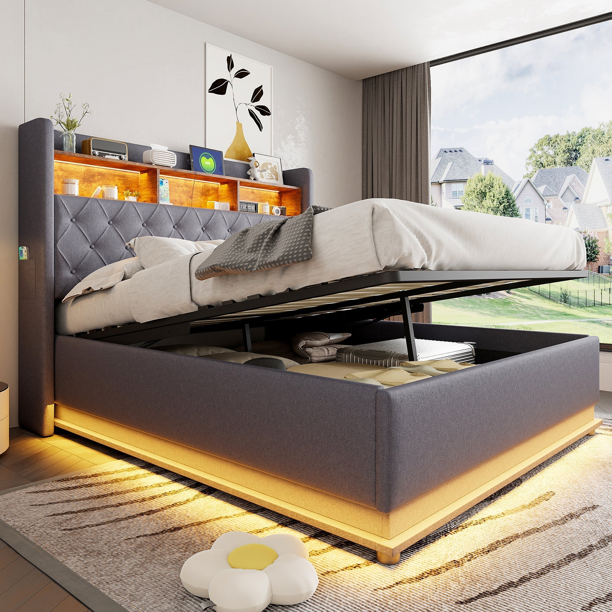 LED Upholstered Bed, 160x200cm, USB Charging, Hydraulic Storage, Linen Fabric, Grey