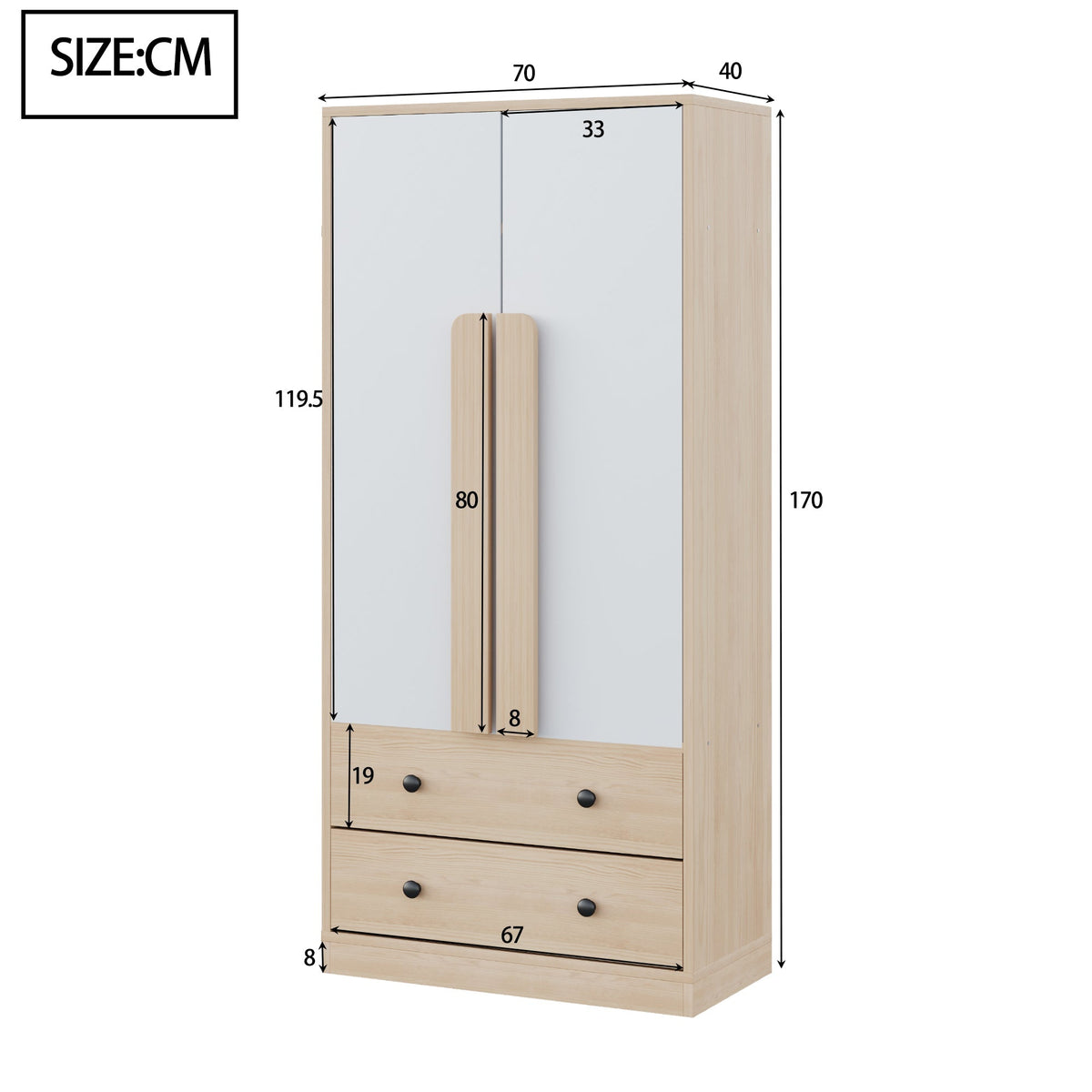 Wardrobe 70x40x170cm Double Door Design Drawers Storage, Wood Color/White